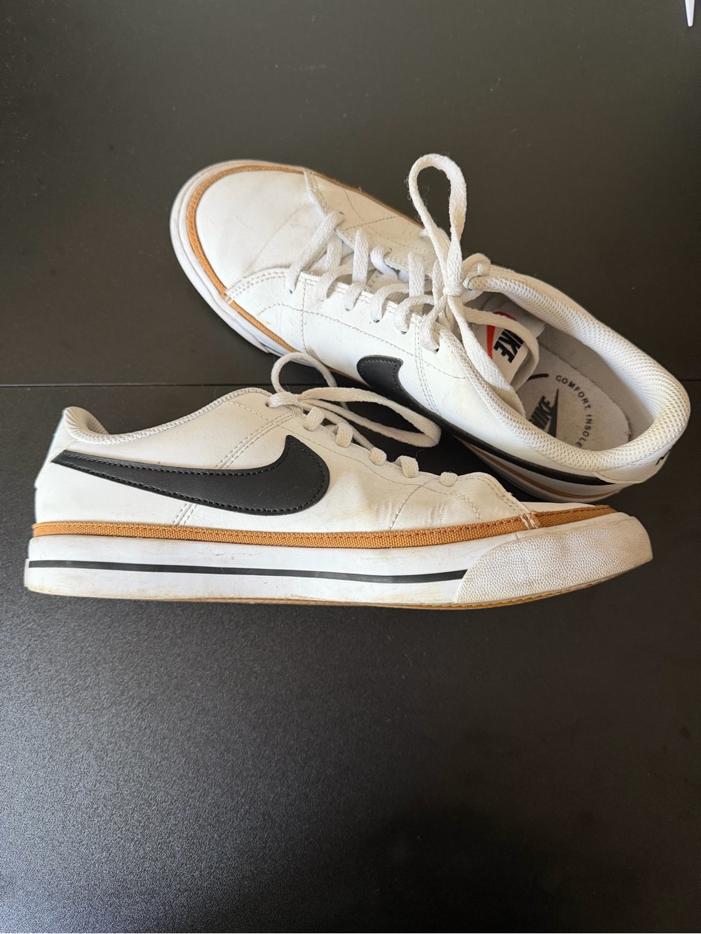 Nike White and Black Kids Sneakers with Tan Accent women size 7.5